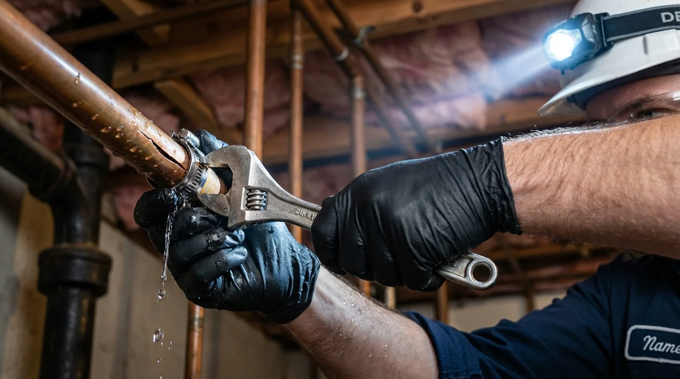 Emergency pipe clamp repair being performed by a Johns Plumbing LLC plumber in Jonesboro