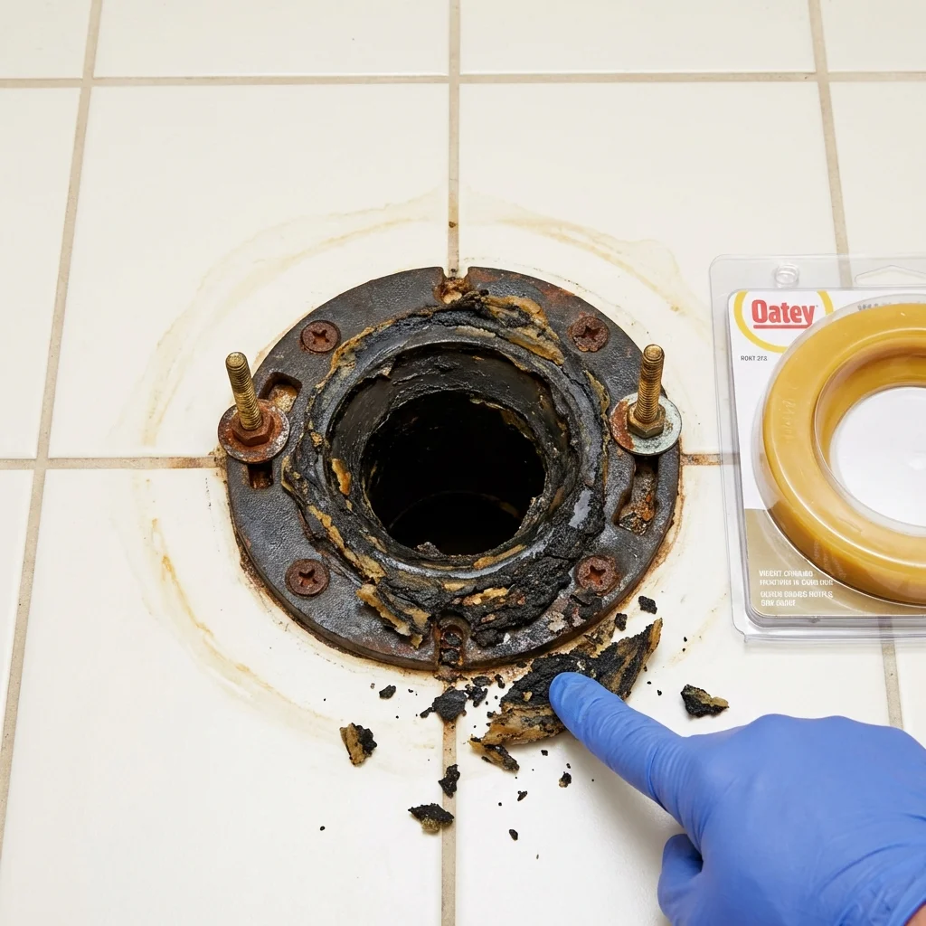 Failed wax ring showing water seepage at the base of a toilet in a Jonesboro, IL home