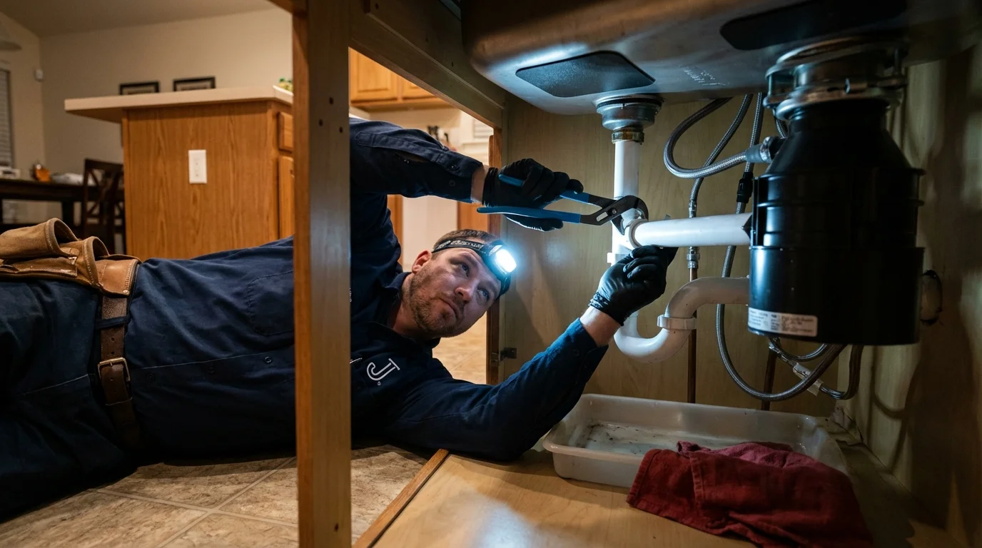 P-trap and supply line connections under a kitchen sink showing a common leak point in Jonesboro, IL